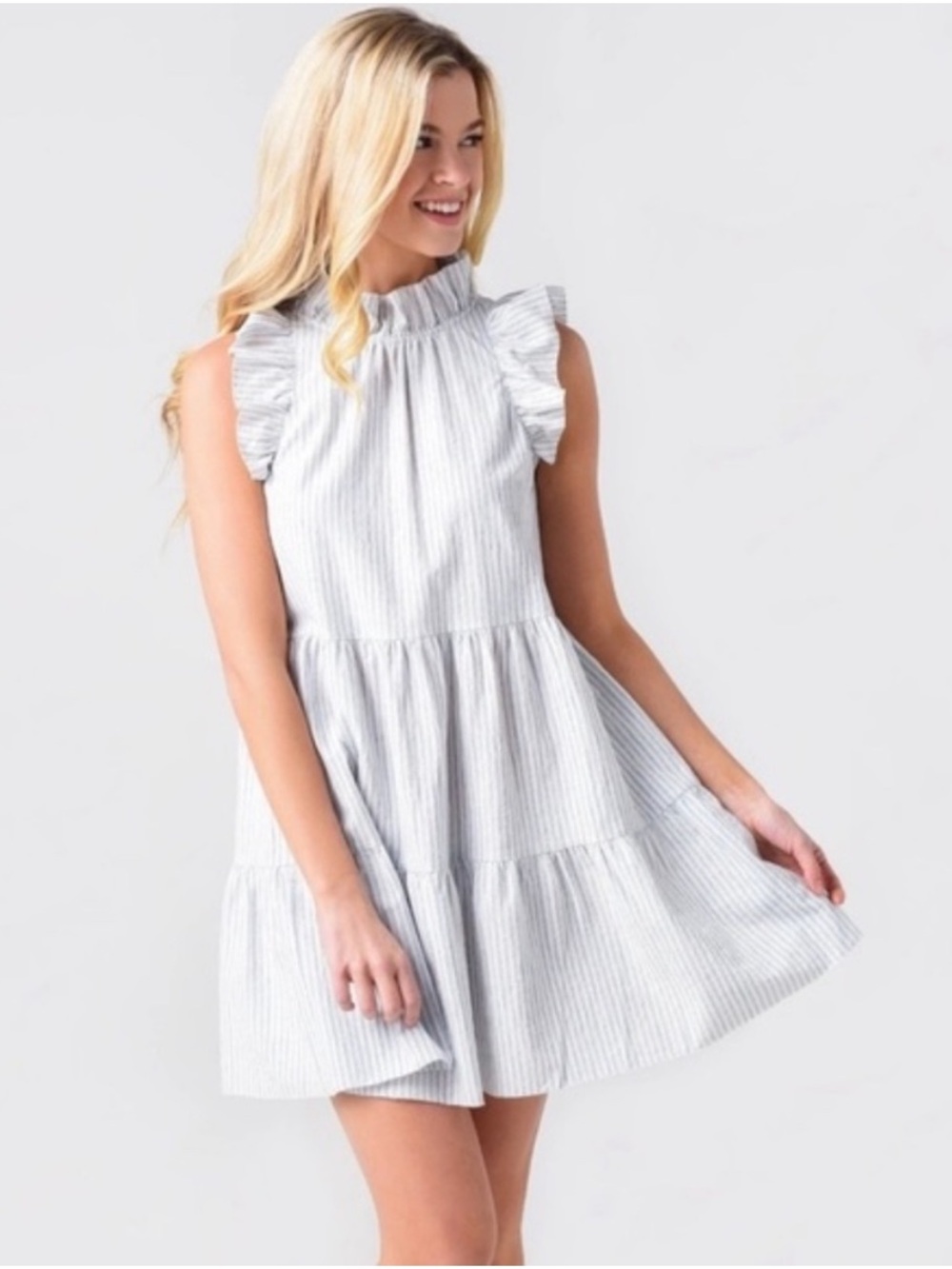 SAYLOR White & Blue Striped Ruffle Dress